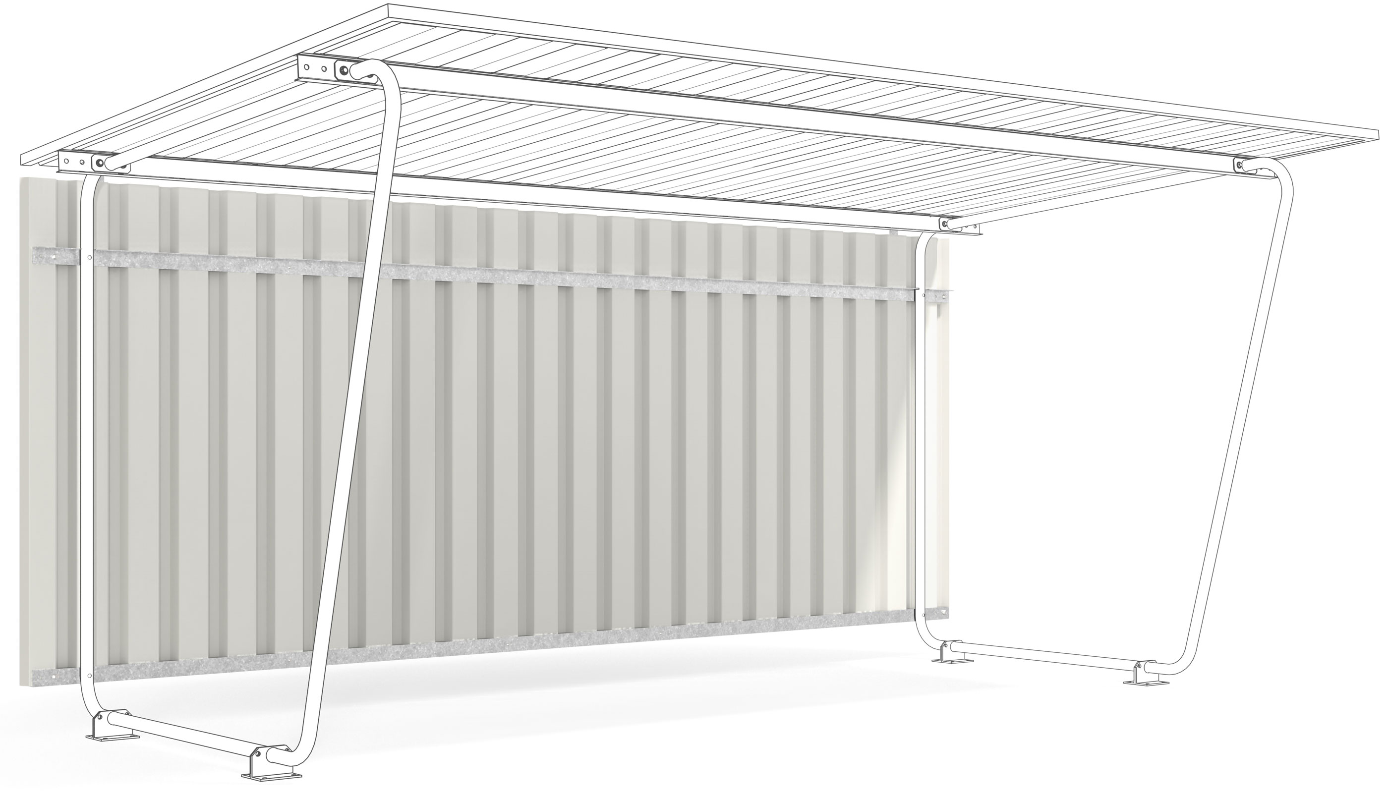 WSM Überdachung Siegen einseitig - S18 Rückwand RAL 9002 Rückwand für Unterstand Siegen einseitig S18 aus Trapezblech grauweiß mit Unterkonstruktion verzinkt (WSM-102001544) Bild-01