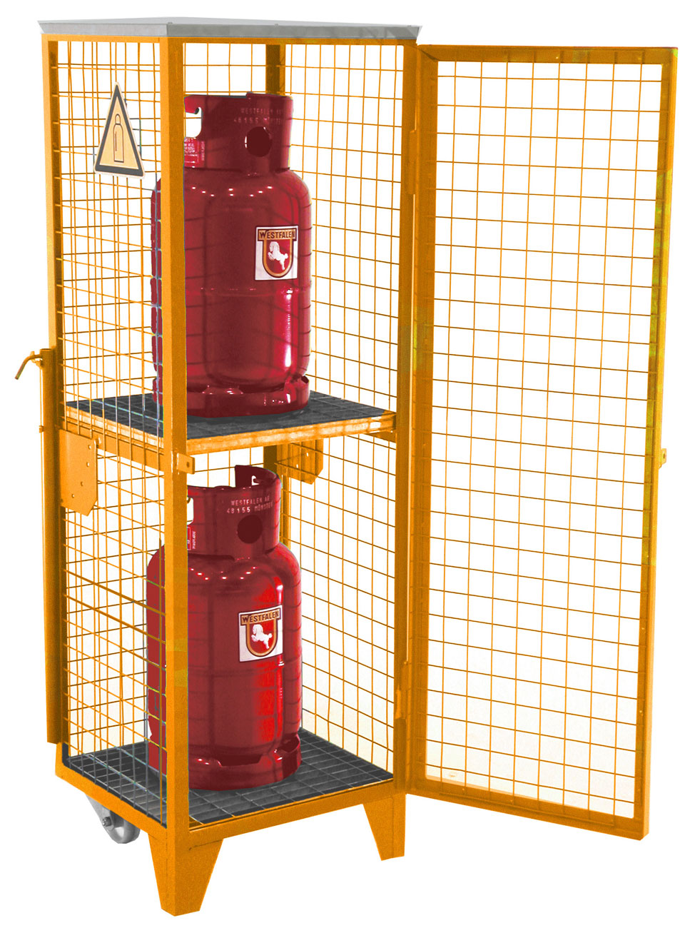 Bauer Gasflaschen-Depot Stahl GFD-R 2 - RAL 2000 Gasflaschenlager mobil gelborange pulverbeschichtet - einflügelig Drathgitterwand und Schloss - Stahlschrank für 2 Flasche 11 kg (BA-4495-01-0000-1) Bild-01