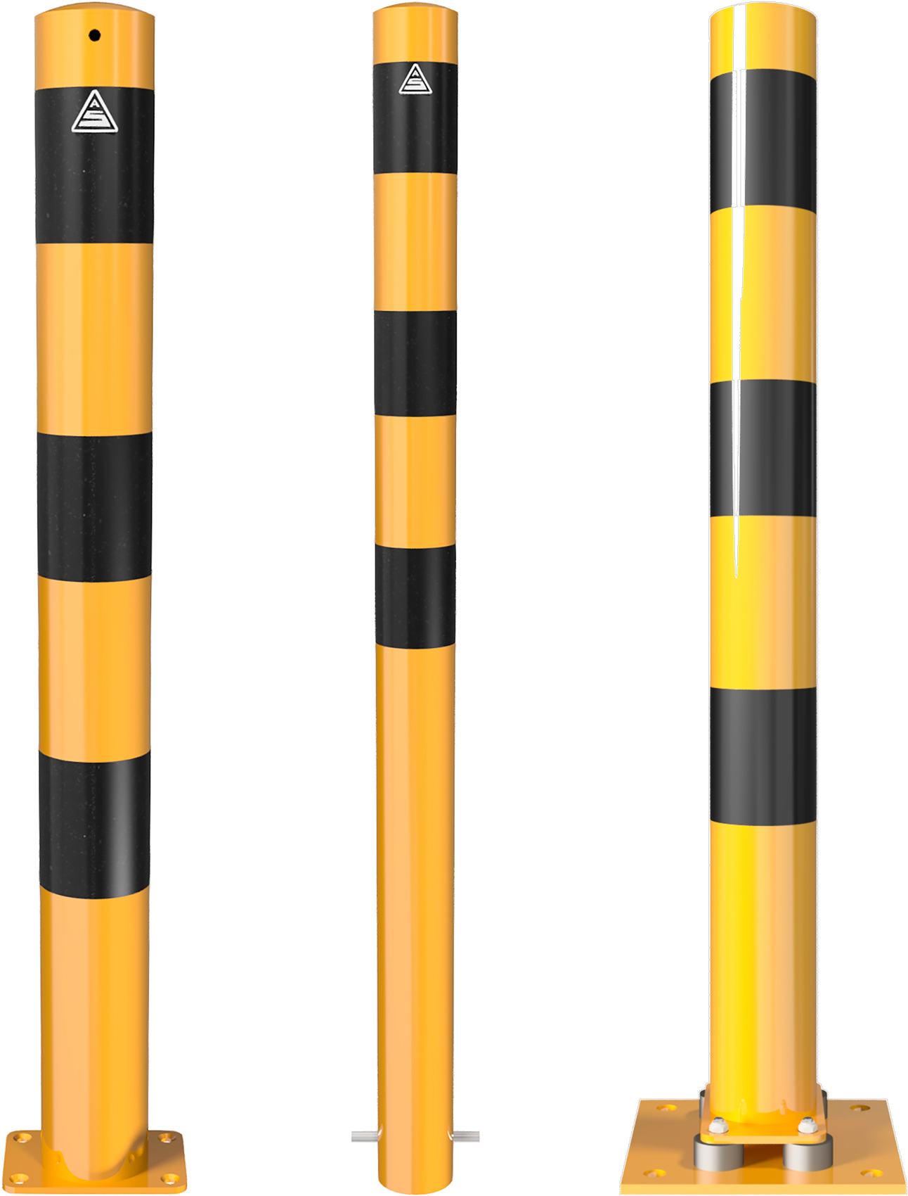 Absperrpfosten Metall, gelb, Gurtlänge: 3 m Gurt: schwarz-gelb, diagonal  gestreift - Fischbacher Baumaschinen
