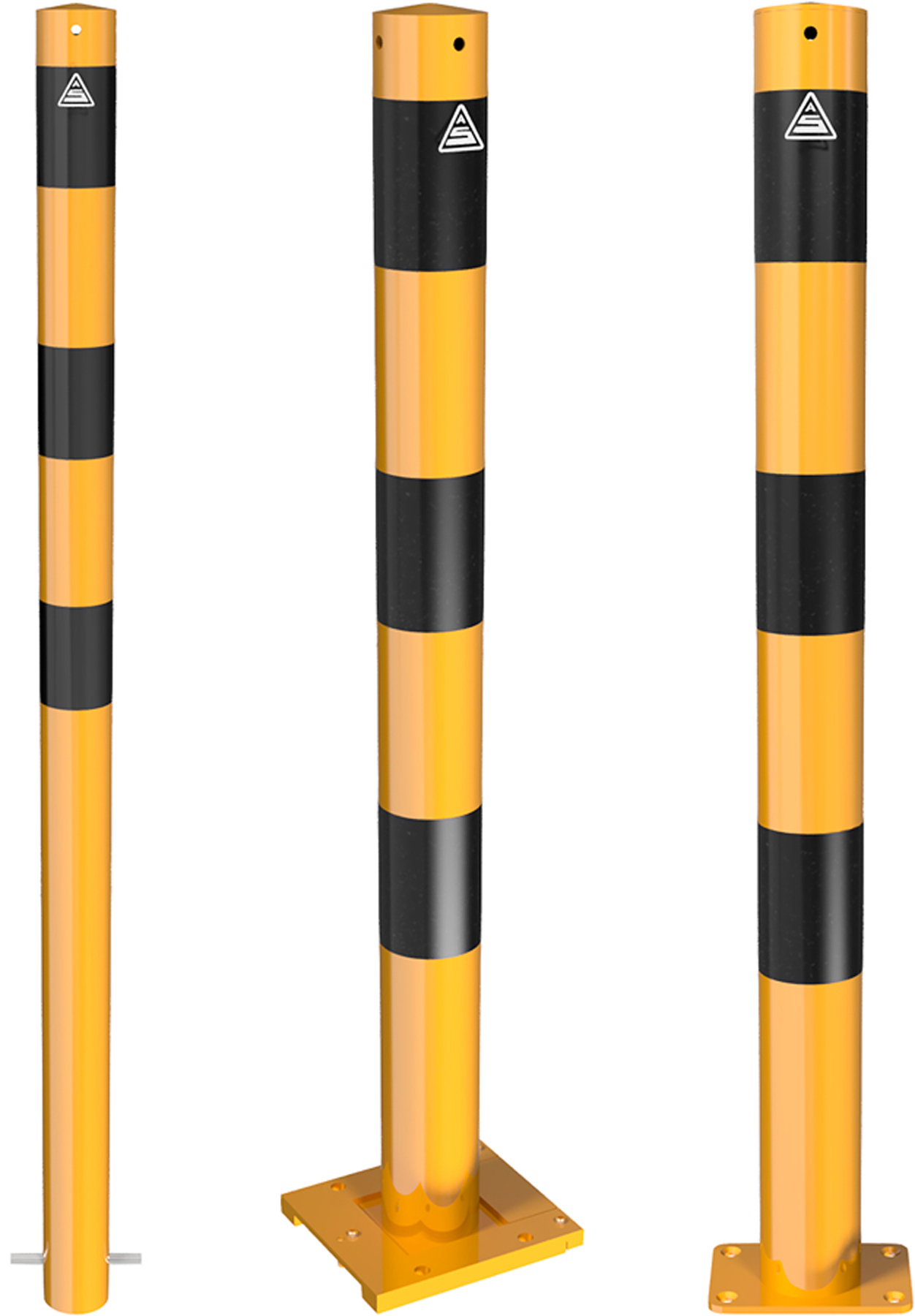 Absperrpfosten Metall, gelb, Gurtlänge: 3 m Gurt: schwarz-gelb, diagonal  gestreift - Fischbacher Baumaschinen