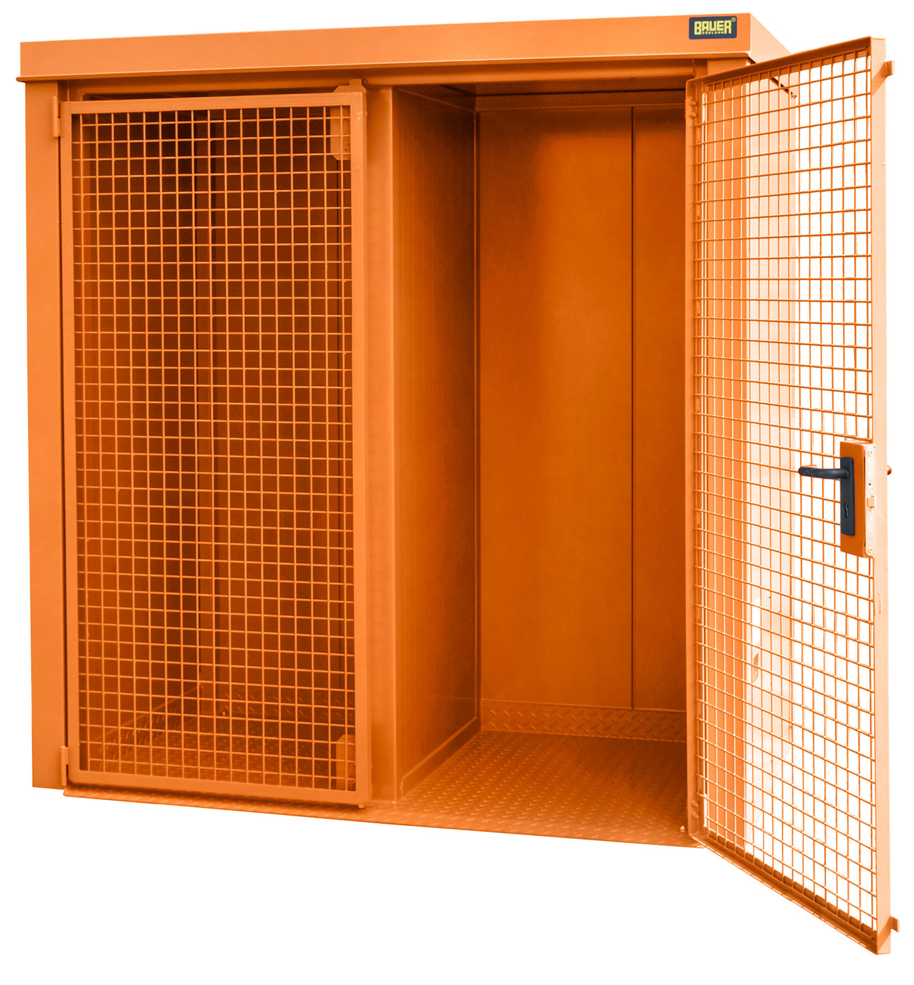 Bauer Gasflaschen-Container Stahl GFC-B|W M1 - RAL 2000 Gasflaschenlager gelborange pulverbeschichtet mit F90 Trennwand, Tränenblechboden und Doppelflügeltor - Stahlschrank für 28 Flasche Ø 230 mm (BA-4477-31-1000-1) Bild-01